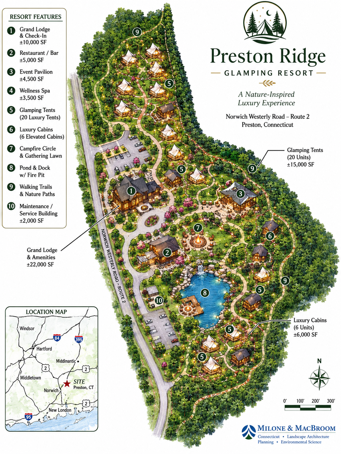 Illustrative glamping and outdoor hospitality concept for 382 Route 2 Preston
