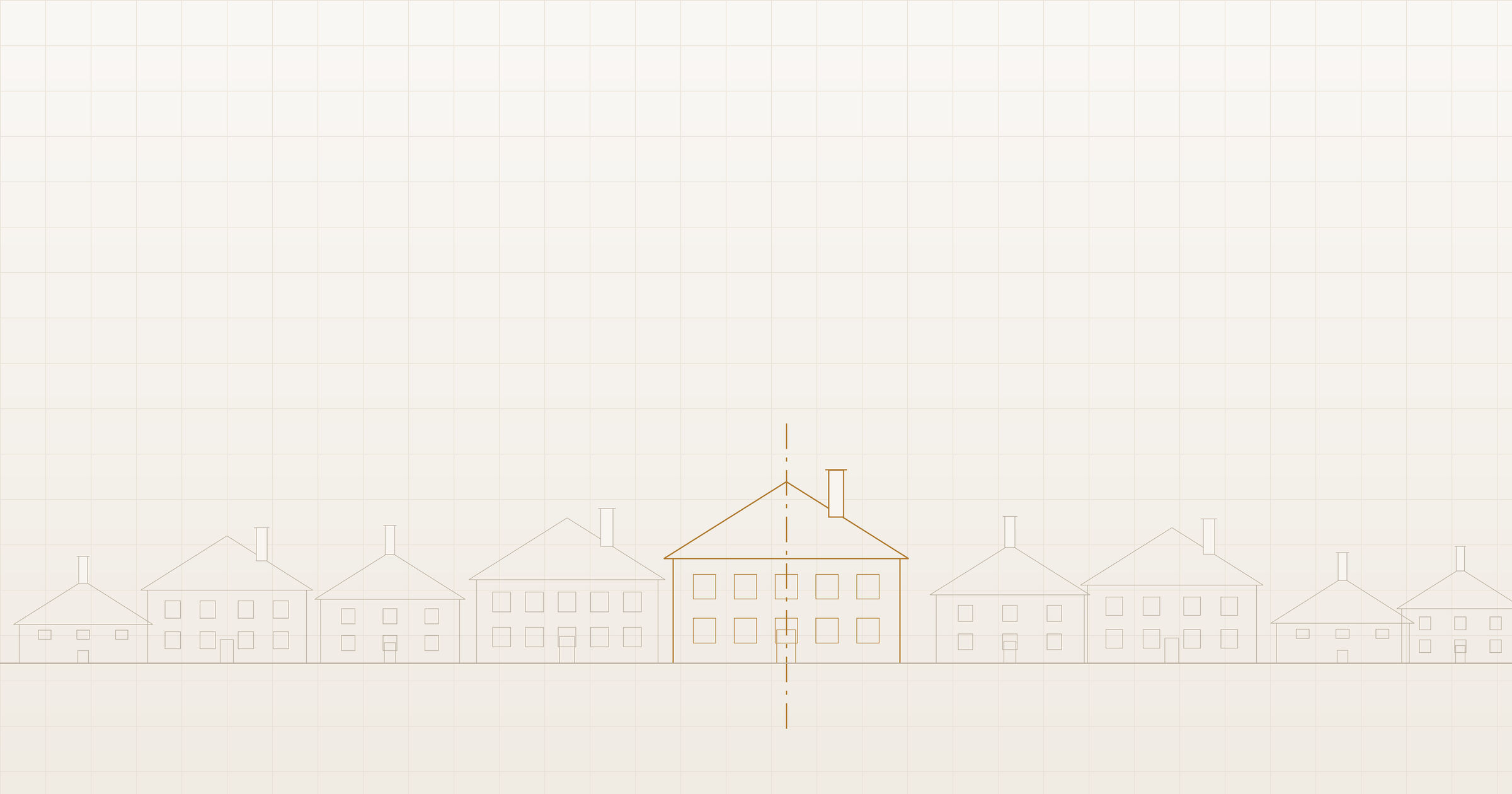 A street of Connecticut homes drawn in elevation, one marked on its centerline